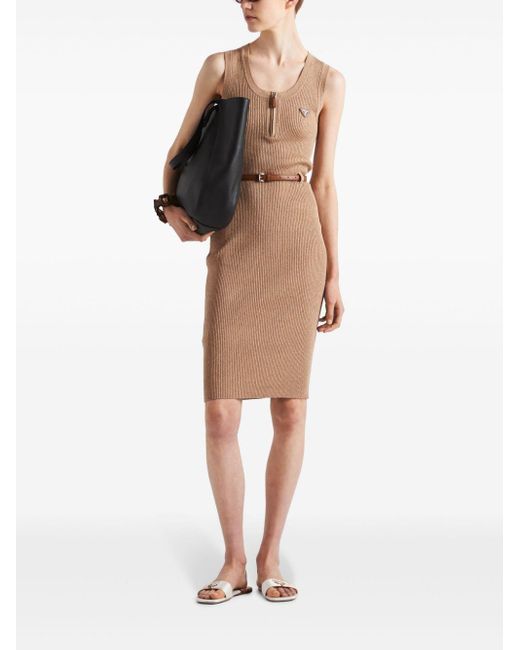 Prada Ribbed-Knit Cotton Midi Dress in Natural | Lyst