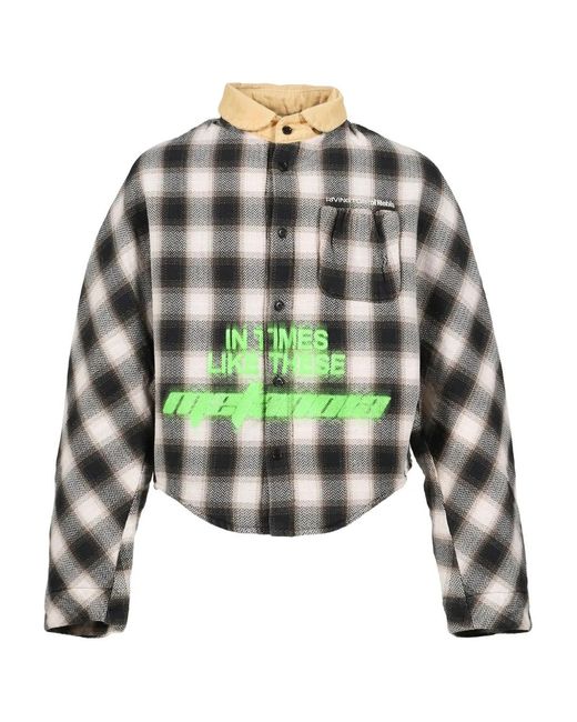 RRR123 Green Check-Pattern Corduroy-Collar Shirt for men