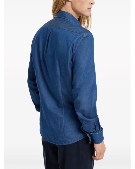 Brunello Cucinelli Blue Denim Pleated-Bib Tuxedo Shirt for men