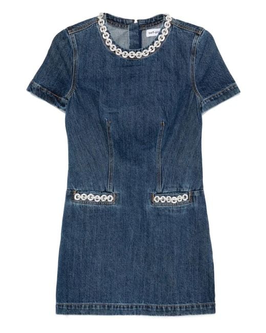 Self-Portrait Blue Embellished-Pocket Denim Mini Dress