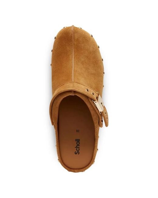 Scholl Brown Stud-Embellished Buckle-Fastening Clogs