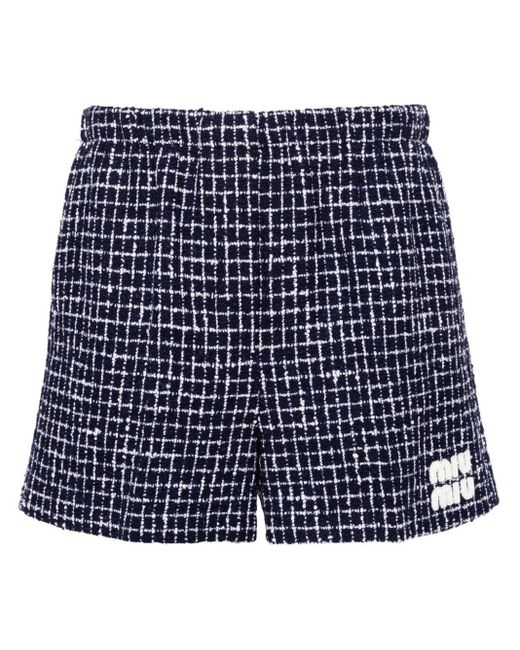 Miu Miu Blue Tweed-Shorts mit Logo-Patch