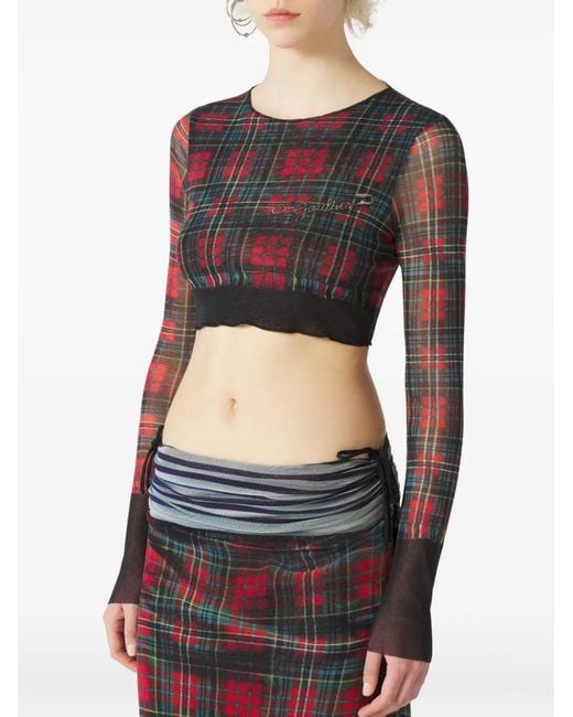 Jean Paul Gaultier Black Tartan-Patterned Safety Pin-Print Crop Top