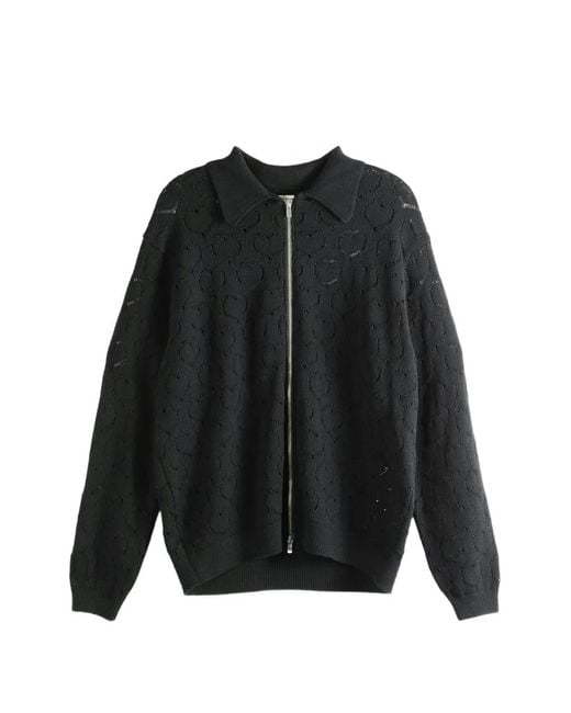 vowels Black Eyelet Heart-Motif Pointelle-Knit Jacket for men