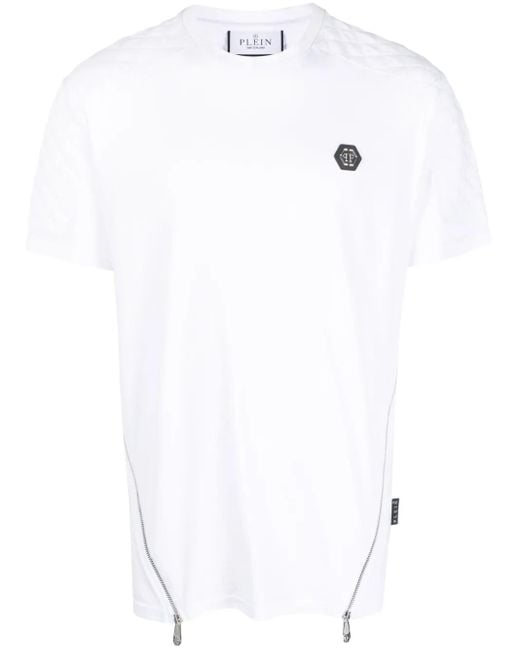 Philipp Plein White Logo-Patch Zip-Detailing T-Shirt for men