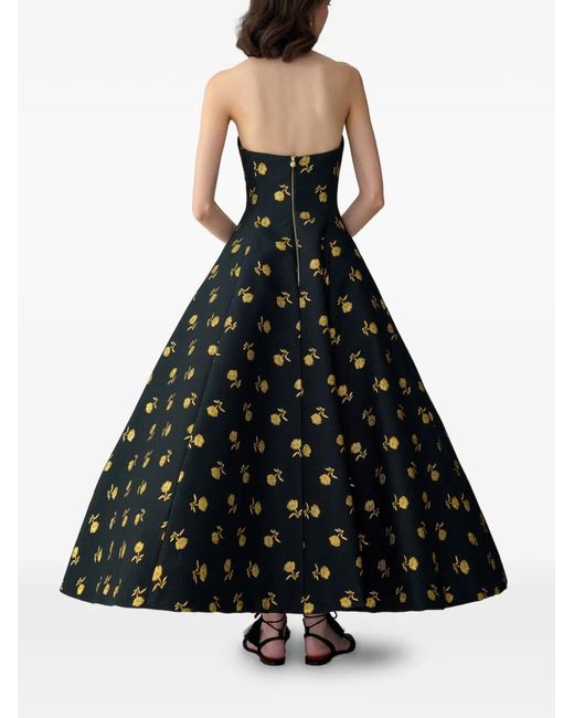 Carolina Herrera Black Carnation Jacquard Deep V-Neck Dress
