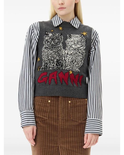 Ganni Gray Embroidered Sleeveless Vest