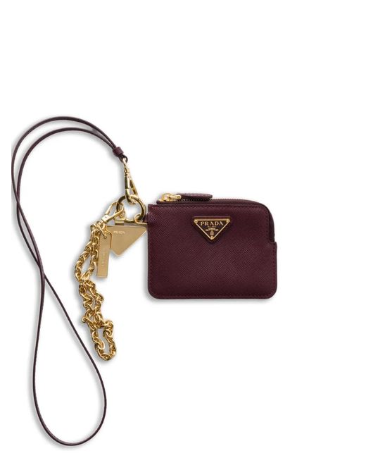 Prada Purple Saffiano Leather Card Holder With Shoulder Strap