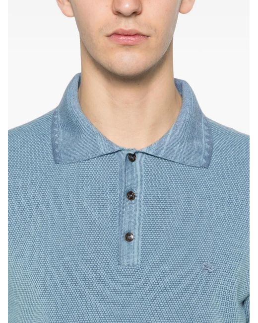 Etro Blue Textured-Knit Polo Shirt for men