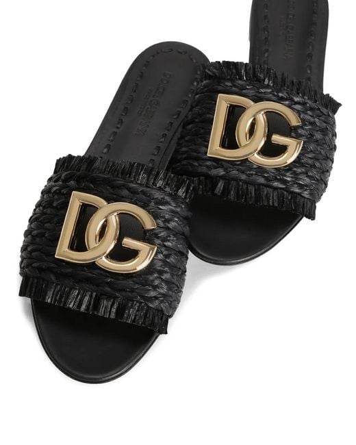 Dolce & Gabbana Black Rafia Braided Slippers