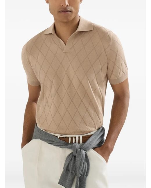 Brunello Cucinelli Natural Cotton Textured Argyle Lightweight Knit Polo Shirt for men