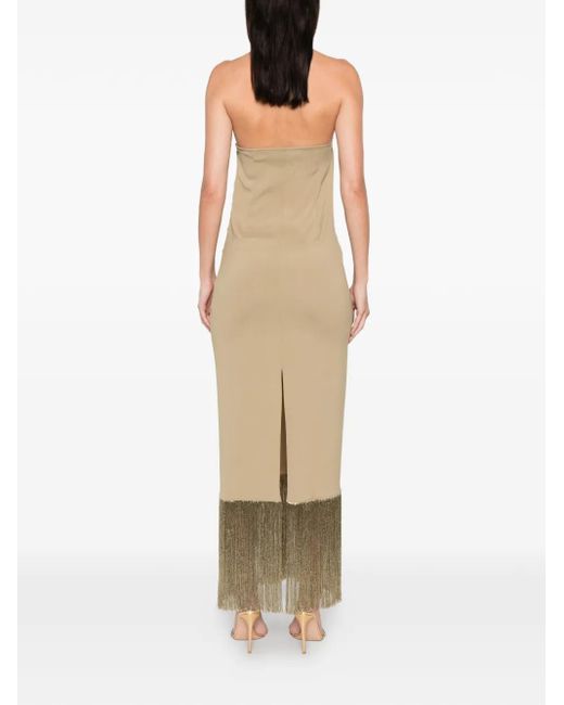 Taller Marmo Natural Halterneck Dress With Fringed Hem