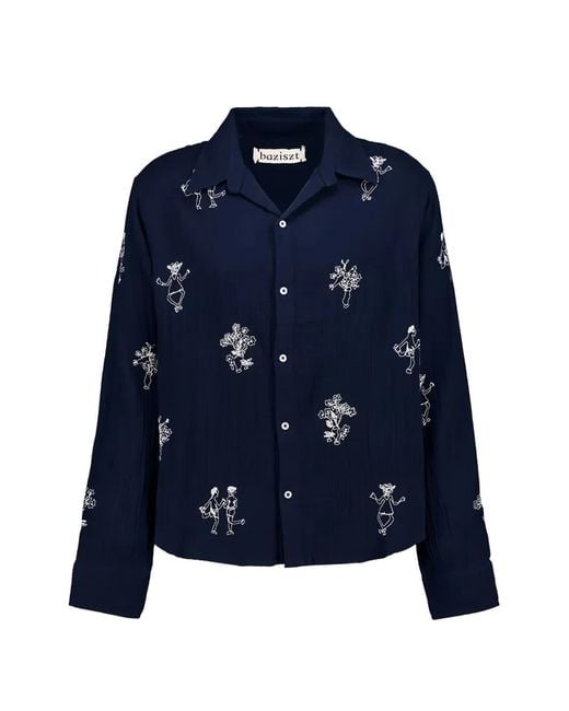 BAZISZT Blue Embroidered Button-Up Shirt for men