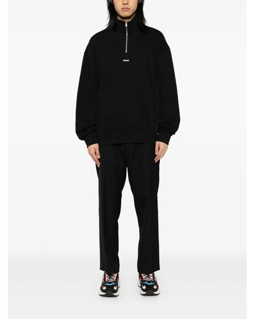 HUGO Black Zip-Neck Logo Print Sweatshirt for men