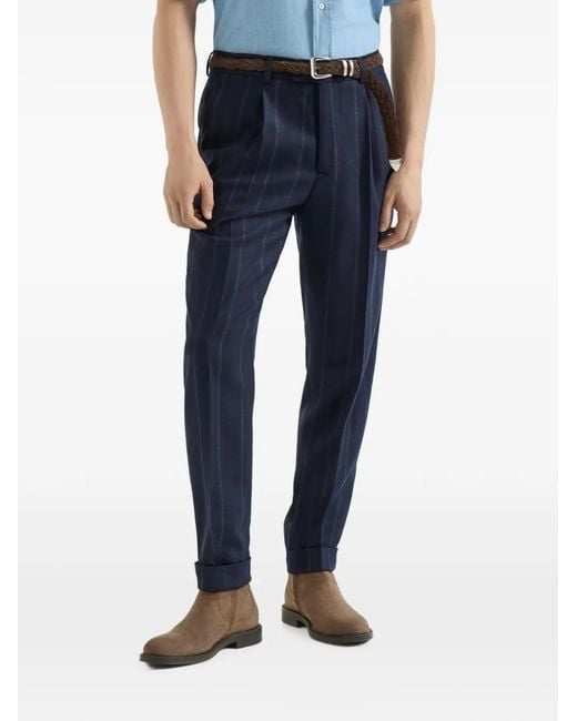 Brunello Cucinelli Blue Cashmere And Virgin Wool Multistripe Twill Trousers With Pleat for men