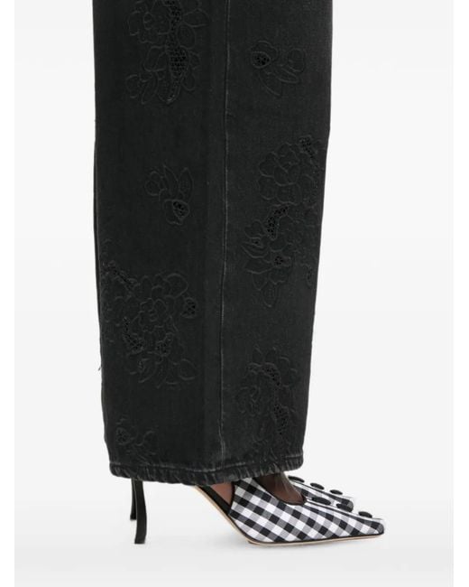 Ganni Black Floral-Embroidered Wide-Leg Jeans