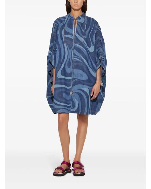 Emilio Pucci Blue Marmo-Print Denim Kaftan Dress