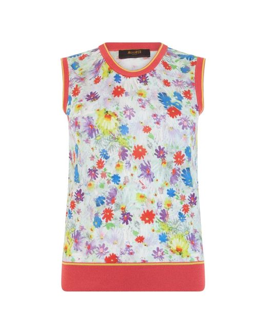 Moorer White Floral-Print Ribbed-Trim Vest