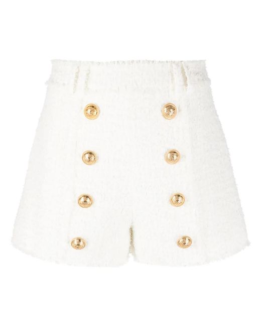 Balmain White Button-Embellished Tweed Shorts