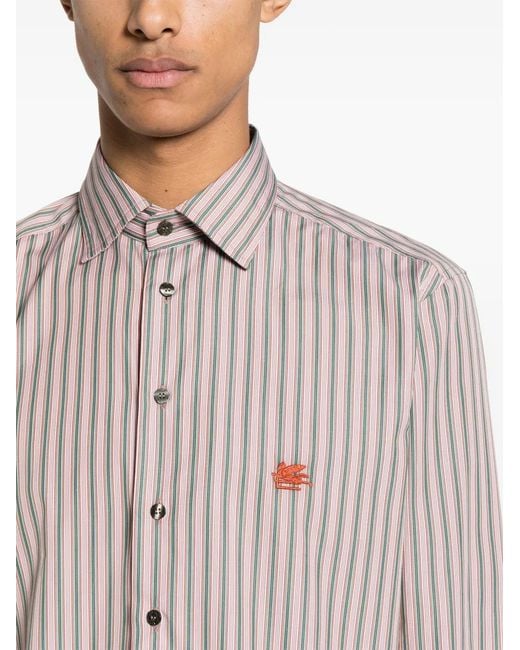 Etro Pink Pegaso-Embroidered Striped Shirt for men
