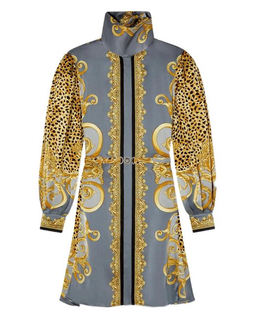 Versace Barokprint Luipaard Pofmouw Jurk in het Blue