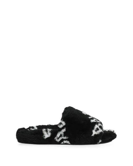 Balenciaga Black Logo-Print Faux-Fur Slides for men