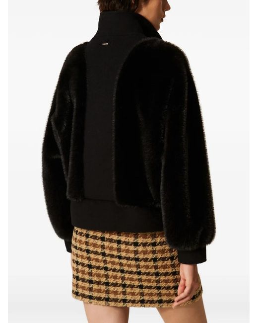 Twinset Black Faux-Fur And Wool Cloth Bomber Jacket