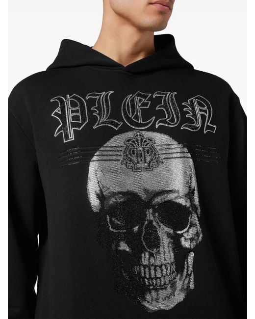 Philipp Plein Black Skull-Print Rhinestone-Embellished Hoodie for men