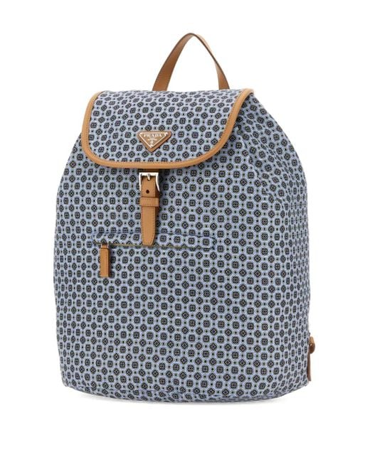 Prada Blue Printed-Pattern Leather-Trimmed Backpack for men