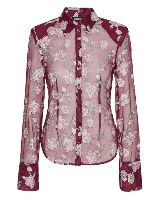ROTATE BIRGER CHRISTENSEN Purple Semi-Sheer Burgundy Shirt With Floral Embroidery