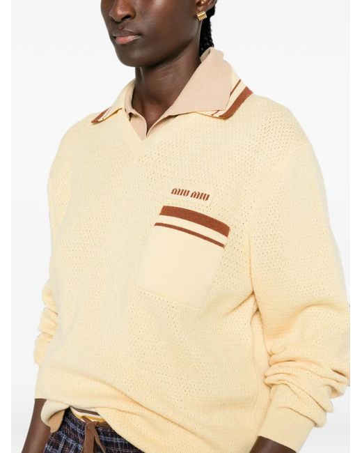 Miu Miu Natural Logo-Embroidered Striped-Trim Sweater