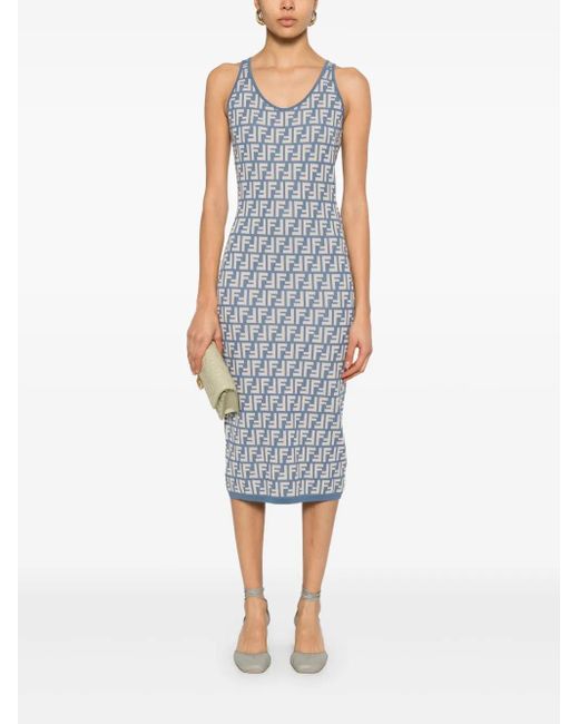 Fendi Ff Cotton Sleeveless Longuette Dress in Blue | Lyst