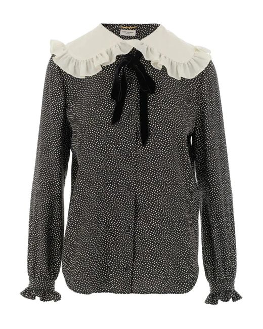 Saint Laurent Black Frilled Blouse In Dotted Silk Crepe De Chine
