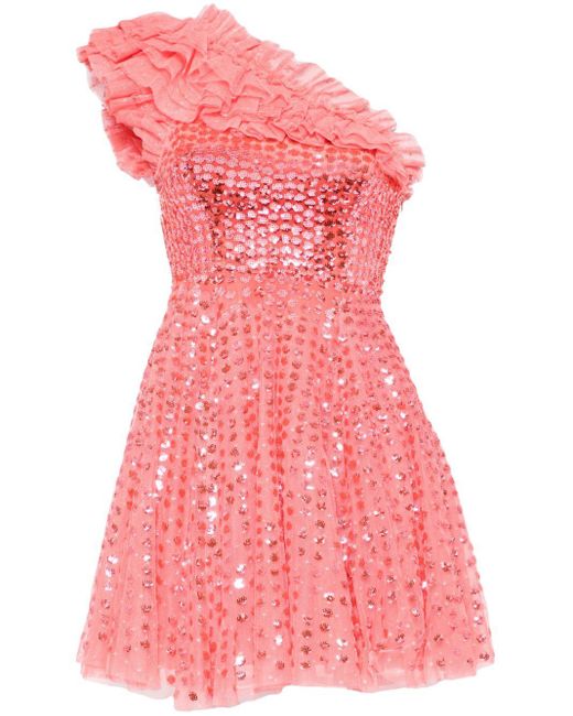 Needle & Thread Pink Raindrop One-shoulder Minidress