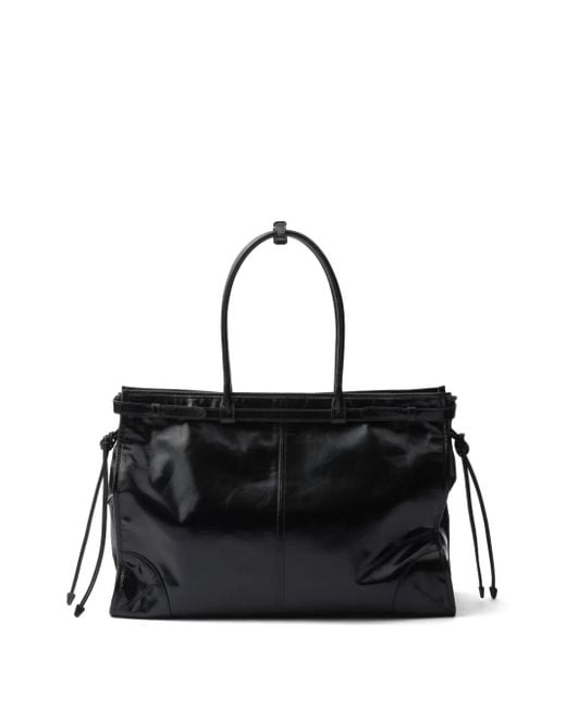 Prada Black Triangle Logo Leather Tote Bag