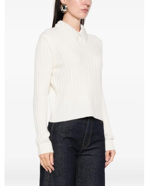Maje White Pearl-Collar Ribbed Jumper