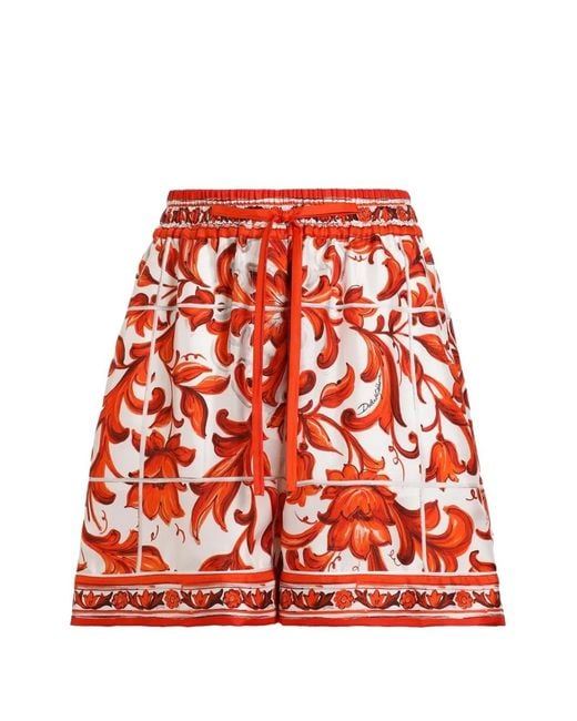 Dolce & Gabbana Red Majolica-Print Silk Bermuda