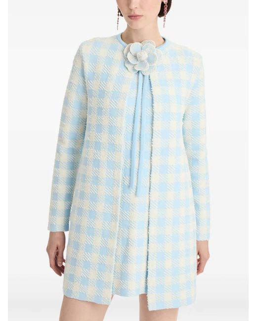 Oscar de la Renta Blue Gingham-Pattern Flower-Appliqué Coat