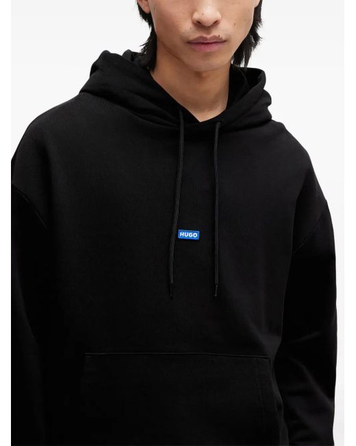 HUGO Black Logo-Appliqué Cotton Hoodie for men