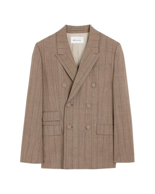 AMI Brown Double Breasted Striped Wool Blazer