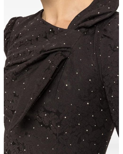 Nissa Black Rhinestone-Embellished Brocade Midi Dress