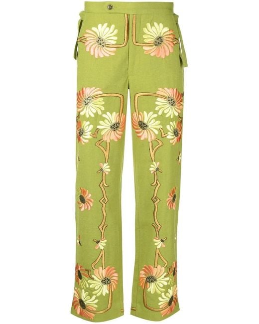Bode Yellow Victorian Floral-Embroidered Trousers for men