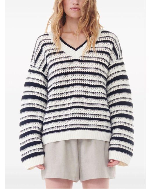 Ganni Gray Striped Open-knit Jumper