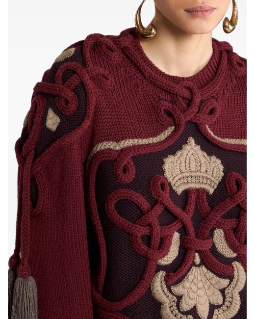 Etro Red Ribbed Wool Sweater With Tassels And Embroidery