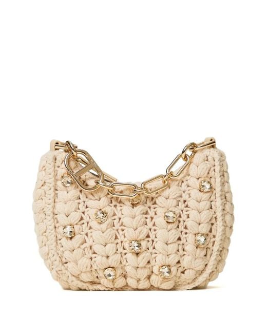 Twinset Natural Crochet-Effect Crystal-Embellished Shoulder Bag