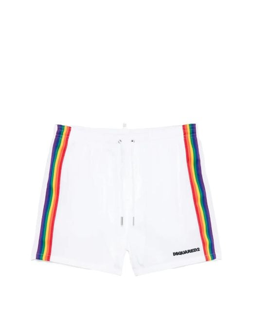 DSquared² White Stripe Drawstring Swim Shorts for men
