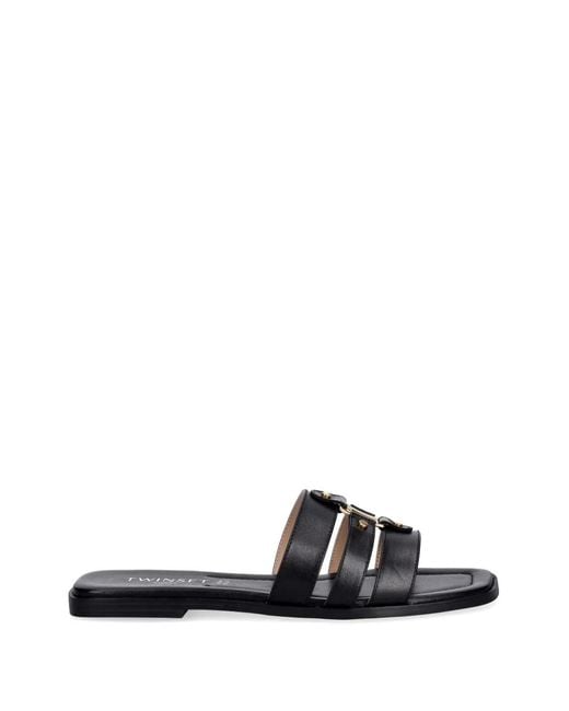 Twinset White Leather Sliders With Logo