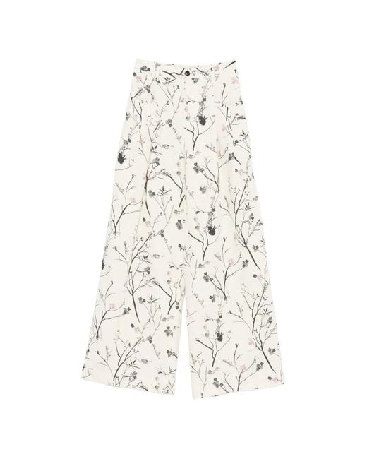 White Sand White Floral-Print Wide-Leg Trousers