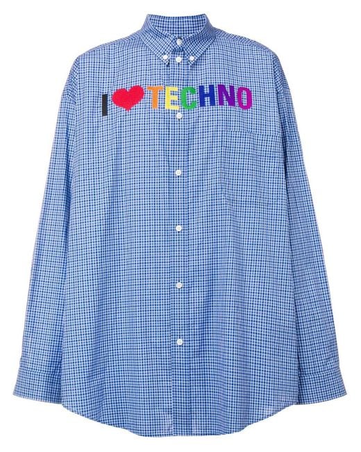Balenciaga Blue Embroidered Check Print Shirt for men