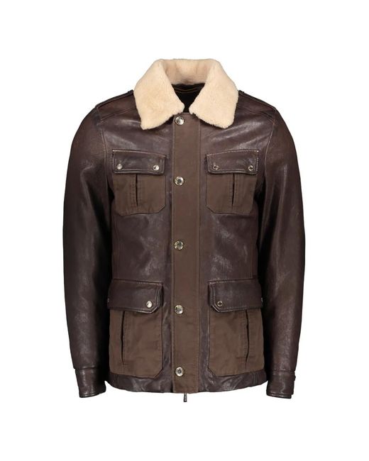 Moorer Brown Padded Shearling-Collar Jacket for men